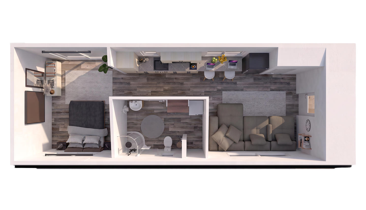 3D floor plan rendering of a one-bedroom modular ADU with an open kitchen and living area