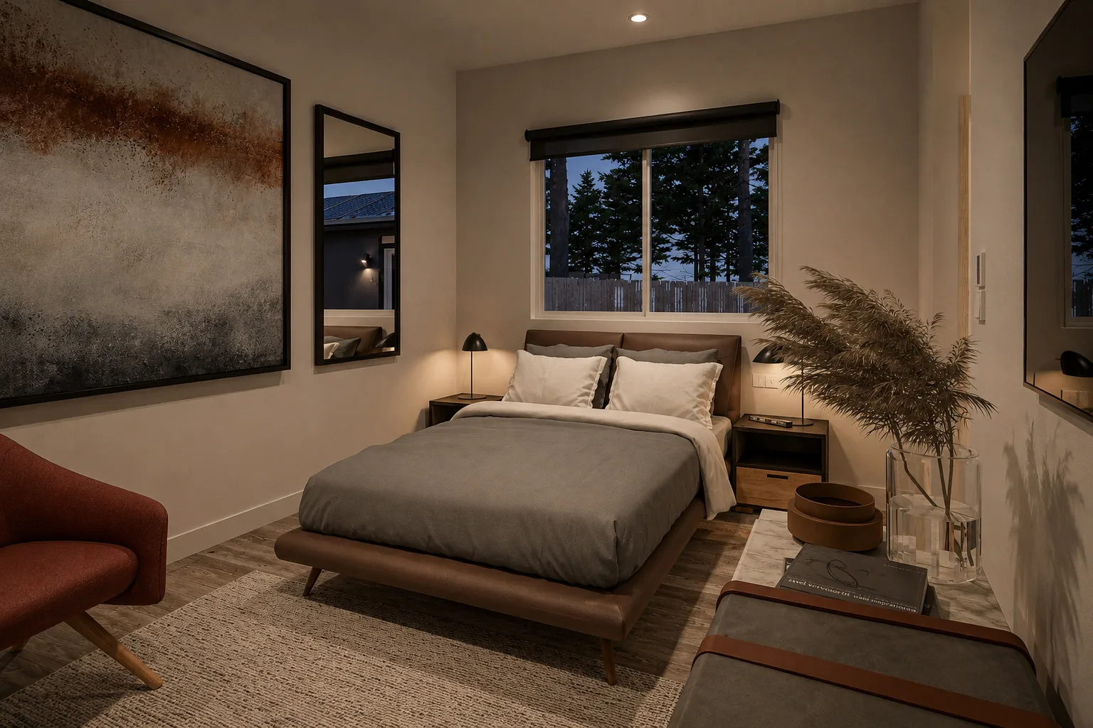 Bedroom in a Timbergon cottage unit with warm lighting and wood finishes