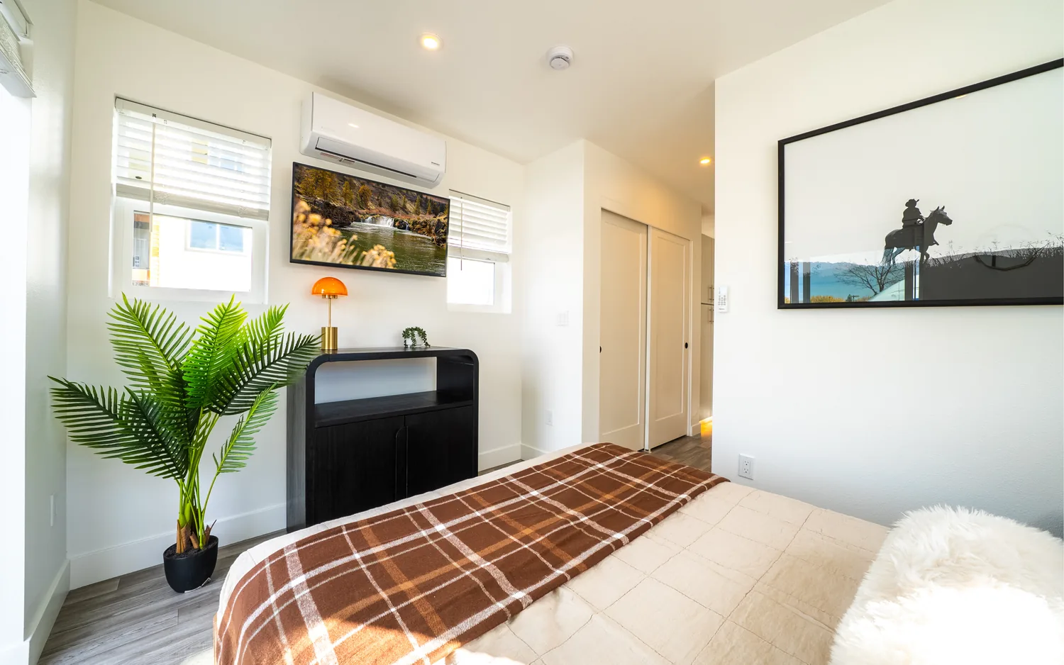 Bedroom in the Timbergon Rogue modular ADU with a mini split heat pump