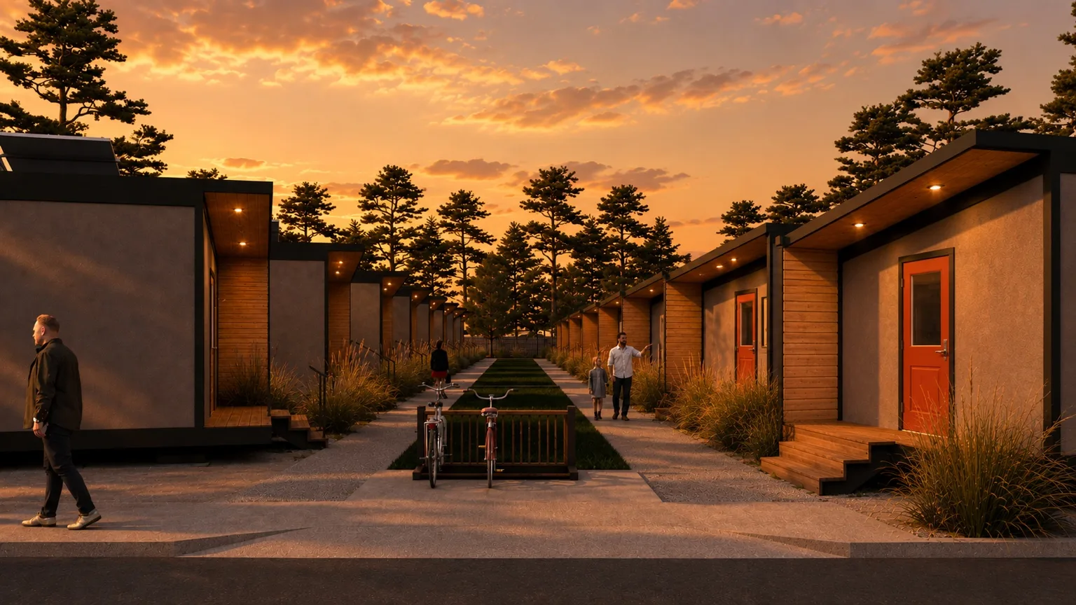 Row of completed Timbergon modular cottage units at sunset