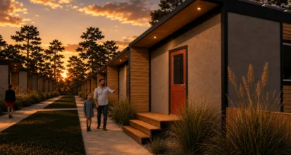 Timbergon modular cottage units at sunset in a Redmond, Oregon development