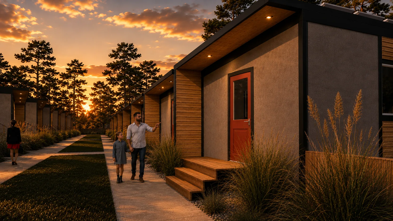 Timbergon modular cottage units at sunset in a Redmond, Oregon development