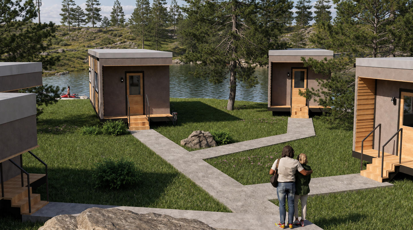 Ground-level rendering of Timbergon Rogue modular units in a lakeside setting