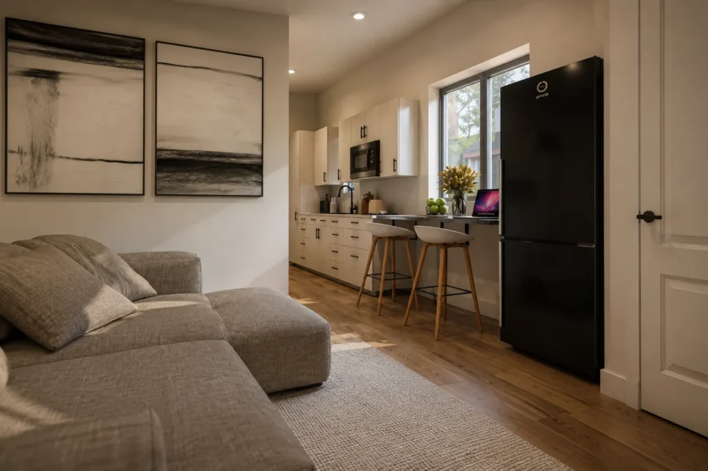 Interior of a Timbergon cottage unit with an open kitchen and living area