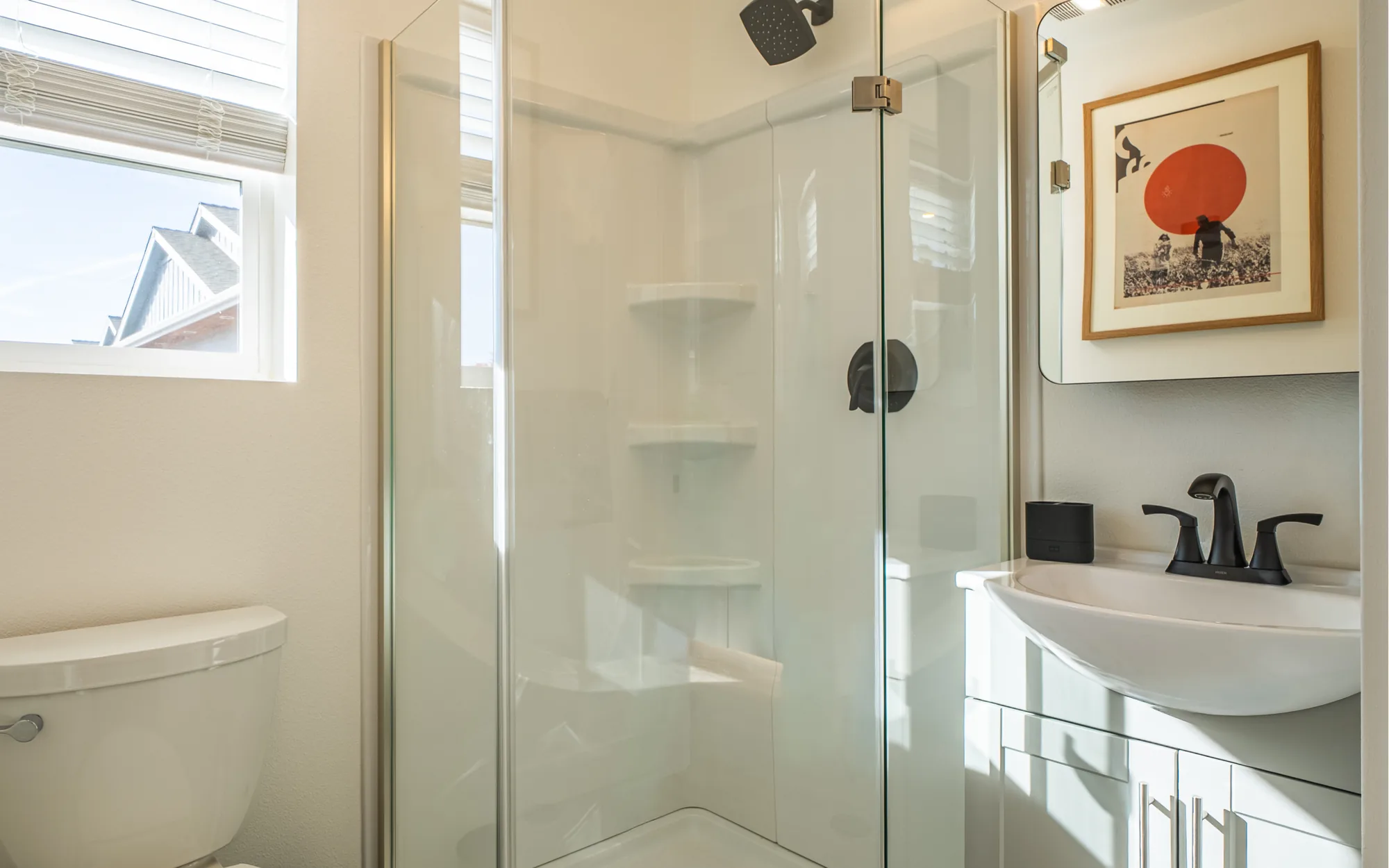 Bathroom in the Timbergon Rogue modular ADU with a glass shower and modern fixtures
