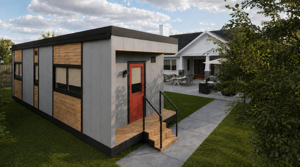 Modular ADU exterior with Central Oregon mountain views
