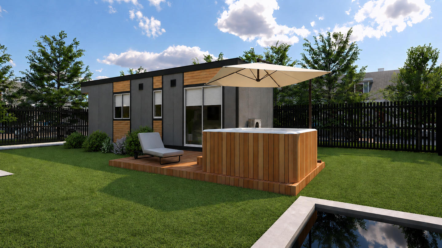 Modular ADU in a backyard with an adjacent hot tub deck in Central Oregon